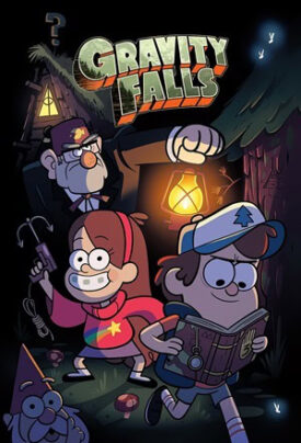 A colorful scene from Gravity Falls featuring Mabel, Dipper, and Grunkle Stan exploring a spooky forest at night.