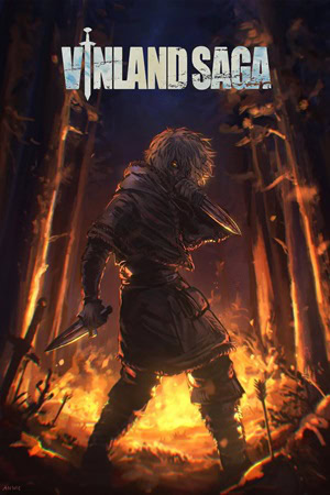 A masked warrior standing amid a burning forest with the title "Inland Saga" at the top, conveying a dramatic and intense action-adventure illustration.
